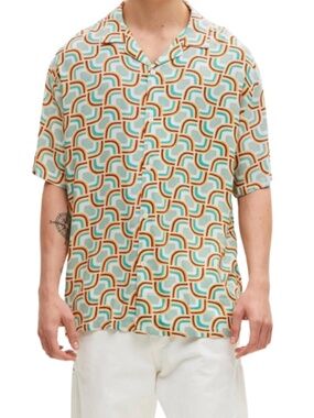 POP MAN Retro Geometric Button Up Short Sleeve Shirt – Size Medium Like New